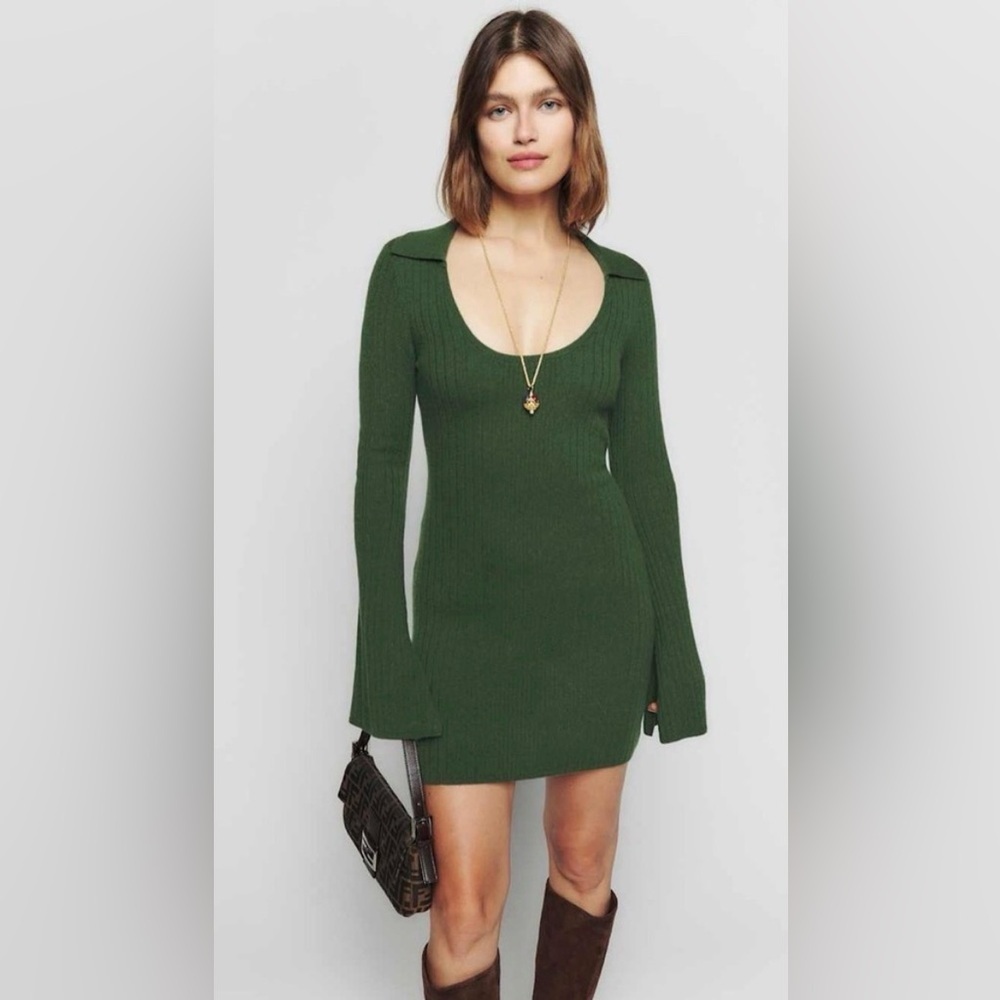 Reformation Farfalle Cashmere Sweater Mini Dress in Cedar Green - Size XL